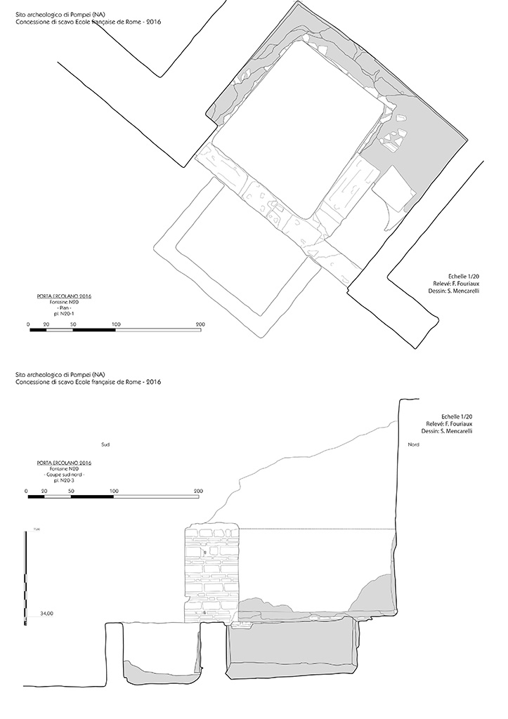 HGE20a Pompeii. Plan and section of the HGE20a fountain.
Survey and drawing: Fr. Fouriaux / S. Mencarelli-EFR.
The fountain (HGE20a) stands out in this ensemble because of its small size, which is not the result of modification, but was originally designed in this way. The space consists of three basins, made of various construction techniques and materials (terracotta, Sarno limestone blocks). The southernmost pool, which is an addition, extends beyond the alignment of the shop front.

Plan et coupe de la fontaine HGE20a.
Relevé et dessin : Fr. Fouriaux / S. Mencarelli-EFR.
Dans cet ensemble, la fontaine (HGE20a) se démarque par l’exiguïté de son plan, qui n’est pas le résultat de la modification, mais fut originellement conçue de la sorte. L’espace comporte trois bassins, réalisés à partir de diverses techniques de construction et matériaux (terre cuite, bloc de calcaire du Sarno). Le bassin le plus méridional, qui est un ajout, déborde l’alignement de la façade des boutiques.

See Pompéi, Porta Ercolano : organisation, gestion et transformations d’une zone suburbaine : Campagne 2016, fig. 4. CEFR 1676
