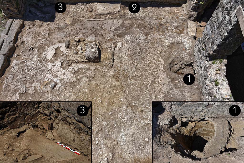 Fig. 21  Boutique N20. Amnagements hydrauliques installs au cours de la seconde phase.
1. Citerne au conduit maonn. 2. Bassin quadrangulaire. 3. Avaloir traversant le mur occidental. Vue gnrale de la boutique prise de lest.
Clichs : N. Monteix / S. Zanella / A. Delvigne-Ryrko-EFR.
