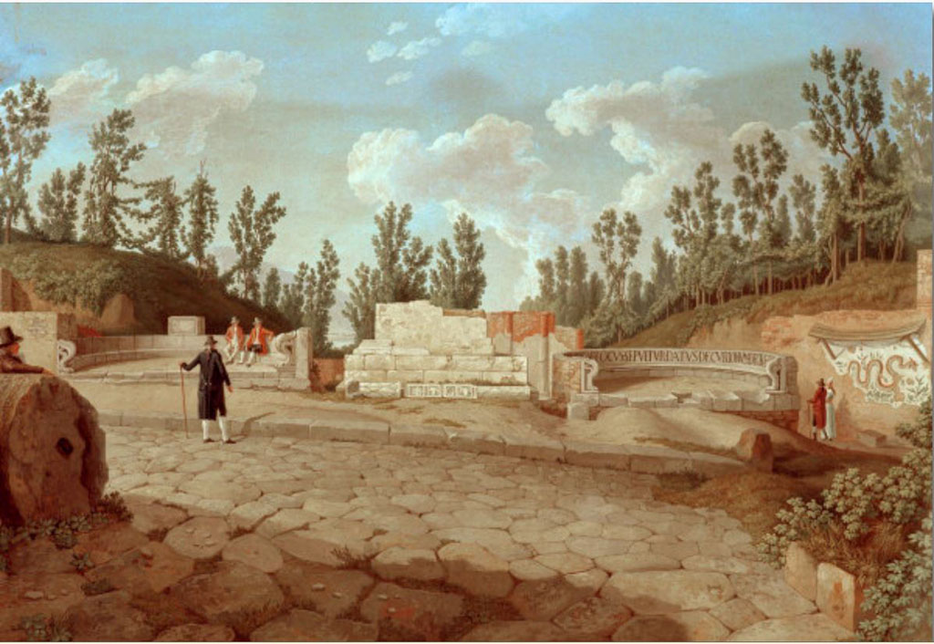 HGW03 Pompeii. 1793 painting by Hackert looking at front of tomb.