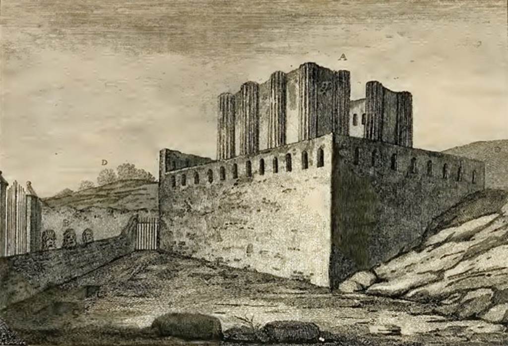 HGW04c Pompeii. 1777 drawing of tomb and masks by Sir William Hamilton. Hamilton gives the following descriptions: 
A. View of a great sepulchre, or columbarium, out of the gates of the city: 
several marble statues, not very well executed, were found therein, which are now in the Museum at Portici.
B. Colossal masks of terra cotta, in the situation in which they were found.
C. C. Under them in vaults were found some sepulchral urns with ashes therein. 
One of the urns was of glass, with a cover of the same material; 
This urn was deposited in an earthen one, and that again covered with lead, which is now preserved in the Museum at Portici.
D. Uncleared parts of the city.
See Hamilton, W., 1777. Account of the Discoveries at Pompeii. London: Bowyer and Nichols. (p. 14, pl. IX).