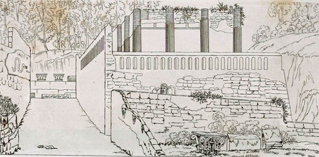 HGW04d Pompeii.  1817 engraving which shows the wall with several heads of animals encrusted, as described by Mazois. See Cooke, Cockburn and Donaldson, 1827. Pompeii Illustrated: Vol. II. London: Cooke. (pl. 23).