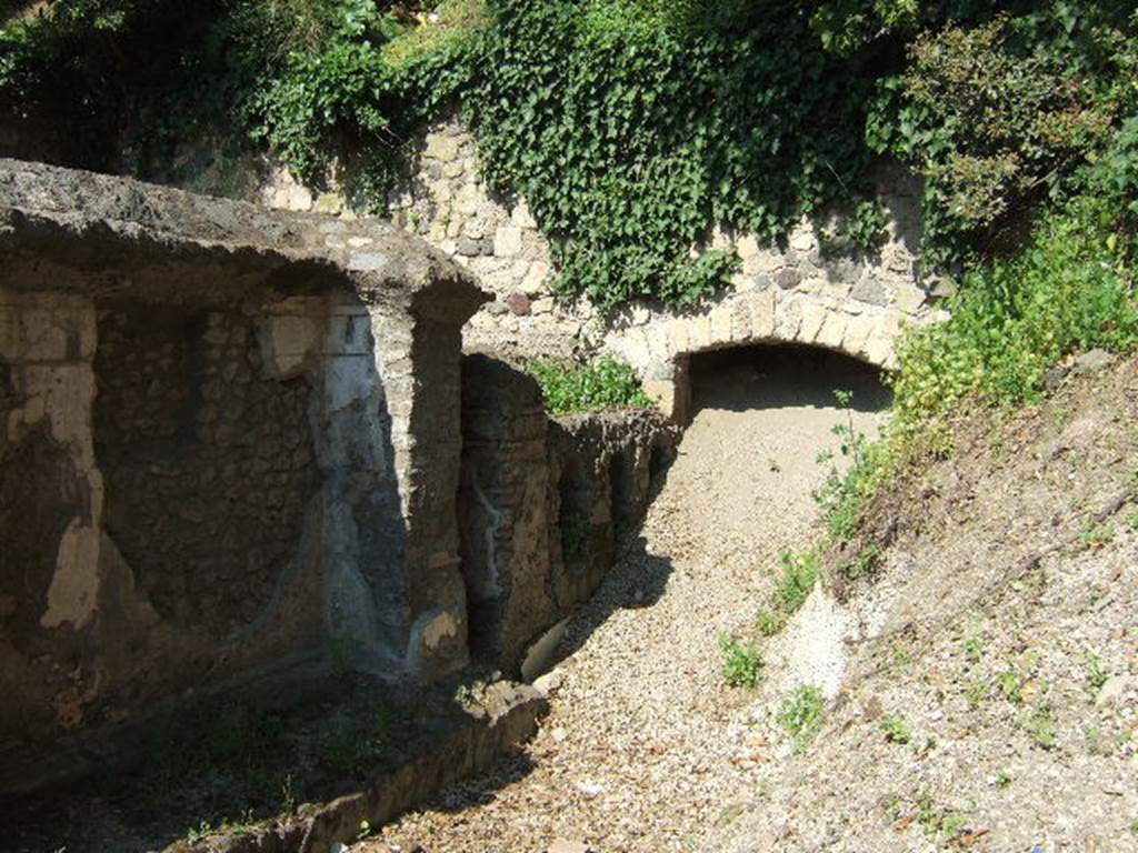 Pompeii Porta Nocera. May 2006. Tombs 42EN and 44EN. 
Looking east along south side into the unexcavated. Nothing was found in 44EN to identify it. 
