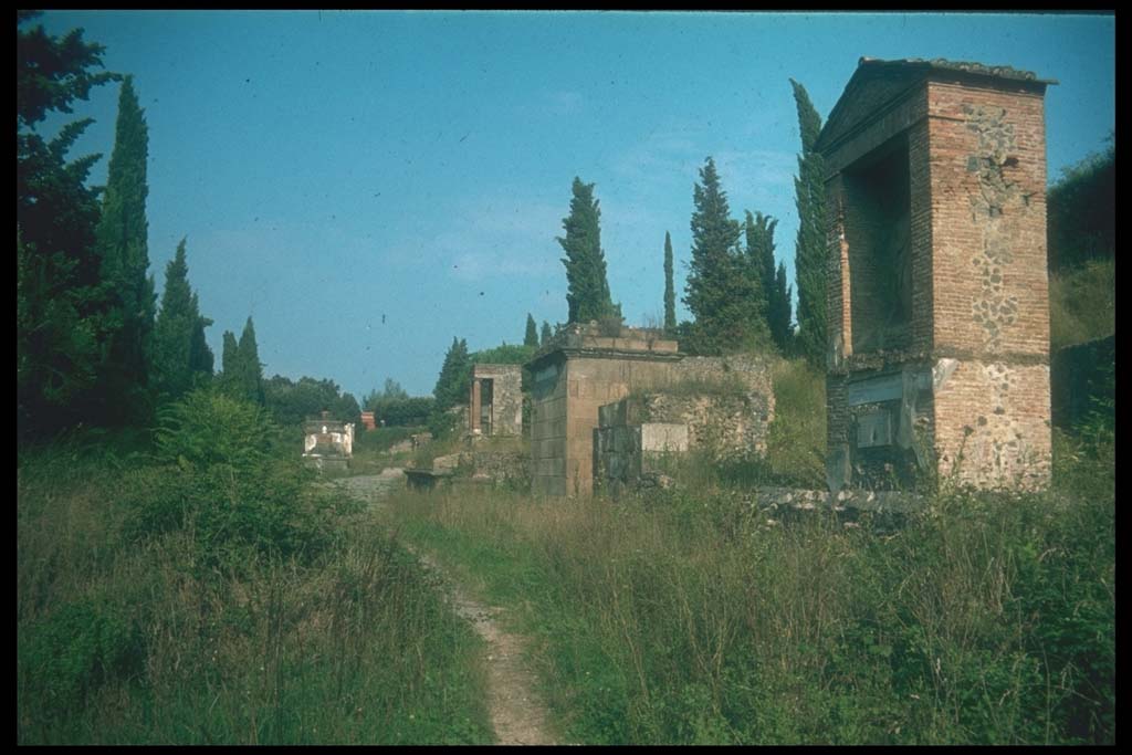 Pompeii Porta Nocera. Tomb 23OS. Looking east along Via delle Tombe.
Tomb of Publius Vesonius Phileros, Vesonia and Marcus Orfellius Faustus, on the right.
Photographed 1970-79 by Günther Einhorn, picture courtesy of his son Ralf Einhorn.
