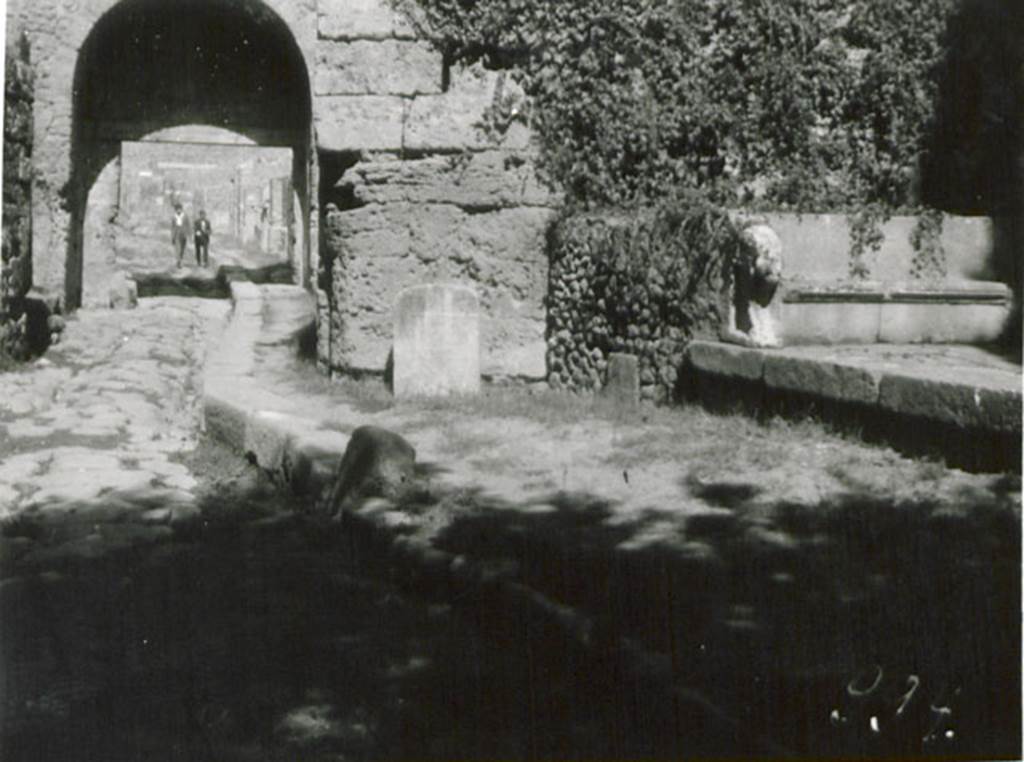 SGH Pompeii. Photograph c. 1936 by Tatiana Warscher. Looking north past the Cippus, the tomb enclosure and the north end of the schola. See Warscher T., 1936. Codex Topographicus Pompeianus Regio I.1, I.5. Rome:DAIR. No. 1.