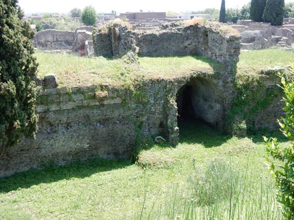 Tower XII looking south-west from walk around walls. May 2015. 
The base of the tower walls can be made out in the grassed area near to the arched room. Photo courtesy of Buzz Ferebee.
