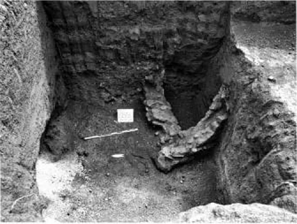 Gragnano. Via dei Sepolcri. 2008. Remains of villa rustica. Second trench that highlighted the angle that wall H made with the other wall (N) which ran towards the east.

Resti della villa rustica. Secondo saggio che ha evidenziato l'angolo che il muro H fatto con l'altro muro (N) che correva verso est.

Vedi/See Bonifacio G., Ufficio Scavi di Stabia Notiziario 2008, in Rivista di Studi Pompeiani, 20, 2009, p. 158, fig. 4.