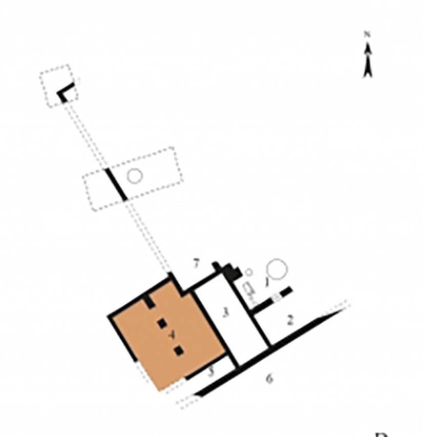 Gragnano. Via dei Sepolcri. Plan of Villa Rustica from Bonifacio 2009, graphic reworking V. Pellegrino.
Piano di Villa Rustica da Bonifacio 2009, rielaborazione grafica V. Pellegrino.
See Pellegrino V., 2017. Granai e spazi per lo stoccaggio e per il trattamento dei cereali nelle villae rusticae vesuviane. MEFRA 4506, fig. 3-D.
See Bonifacio G., 2009, Ufficio Scavi di Stabia Notiziario 2008, in Rivista di Studi Pompeiani, 20, 2009, p. 156.

