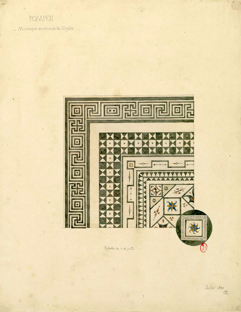 VIII.2.1 Pompeii. July 1832. Part of floor mosaic drawn by Questel in Naples Museum, see above.
See Charles-Auguste Questel (1807-1888) Voyage en Italie et Sicile. Août 1831 - novembre 1832, pl. 36.
INHA identifiant numérique : NUM MS 512. Document placé sous « Licence Ouverte / Open Licence » Etalab 
