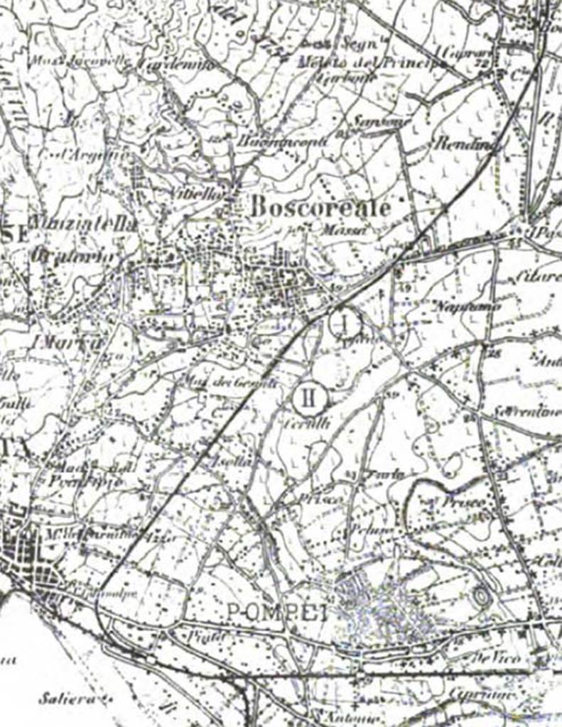 Villa of P Fannius Synistor at Boscoreale. 1901 map by Barnabei. The contrada Grotta Franchini where the villa was found is marked with I. The contrada Pisanella, where the Villa Pisanella was found is indicated with n. II. The distance between these two houses is a few hundred metres. See Barnabei F., 1901. La villa pompeiana di P. Fannio Sinistore. Roma: Accademia dei Lincei. p. 7-12, Tav. I. According to CTP, the Villa of P. Fannio Sinistore was SE of Villa 60, Boscoreale, Via Tufani, Contr. Grotta Tirone, Fond. Cerulli [CB 71]. See Van der Poel, H. B., 1981. Corpus Topographicum Pompeianum, Part V. Austin: University of Texas. p. 22, plan, p. 26.