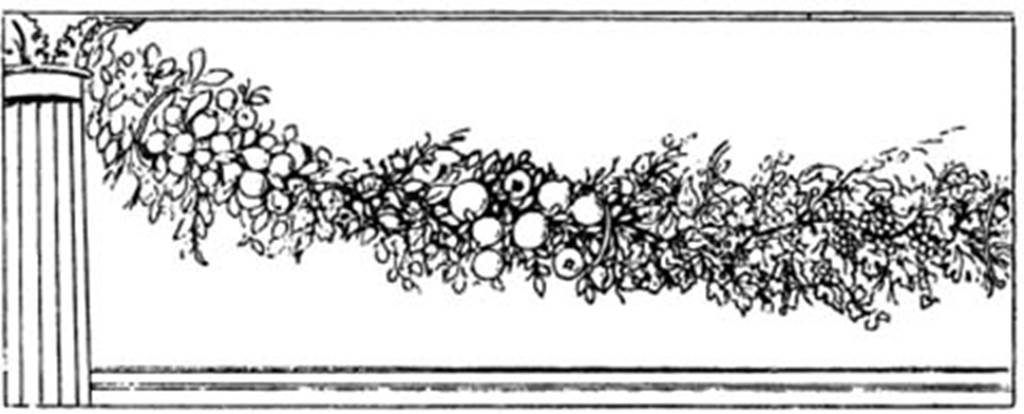 Villa of P Fannius Synistor at Boscoreale. Peristyle E, south end of west wall.
Fruit and leaf garland painting with Corinthian column.
According to Barnabei, between the corner painted column and the next one, was a three and a half metre long garland.
See Barnabei F., 1901. La villa pompeiana di P. Fannio Sinistore. Roma: Accademia dei Lincei. p.32, Fig. 7.
