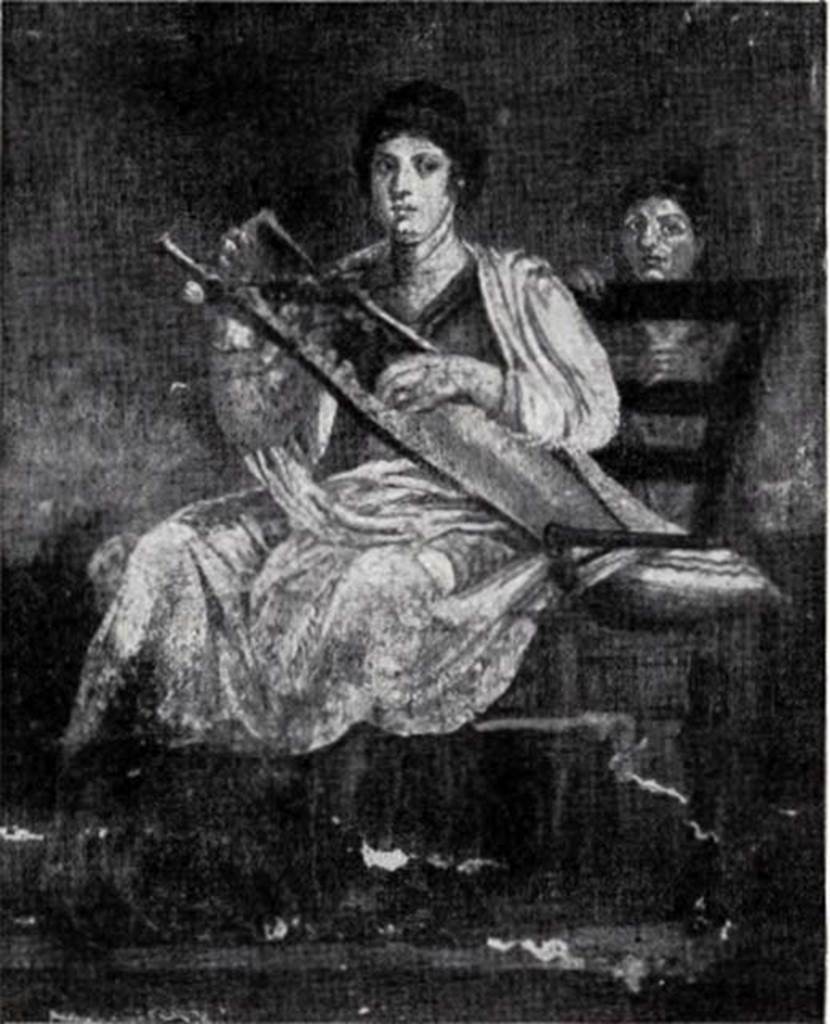 Villa of P Fannius Synistor at Boscoreale. 1903. Room H, triclinium, panel at north end of east wall. According to Sambon, this painting was of exceptional preservation. Though it was suggested that it may show Sappho, he thought it was a portrait of the mistress of the house. It measures 1.88 m high and width 1.87m. See Sambon A, 1903. Les Fresques de Boscoreale. Paris and Naples: Canessa. 19, p. 12-14.