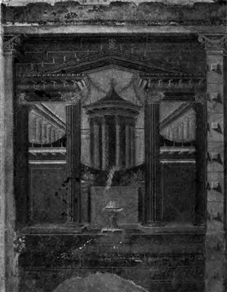 Villa of P Fannius Synistor at Boscoreale. 1900. Cubiculum M alcove. East end of the alcove, the north end of the east wall. Architectural scene representing a portico with a rotunda temple. See Barnabei F., 1901. La villa pompeiana di P. Fannio Sinistore. Roma: Accademia dei Lincei. p.79, Fig. 19.