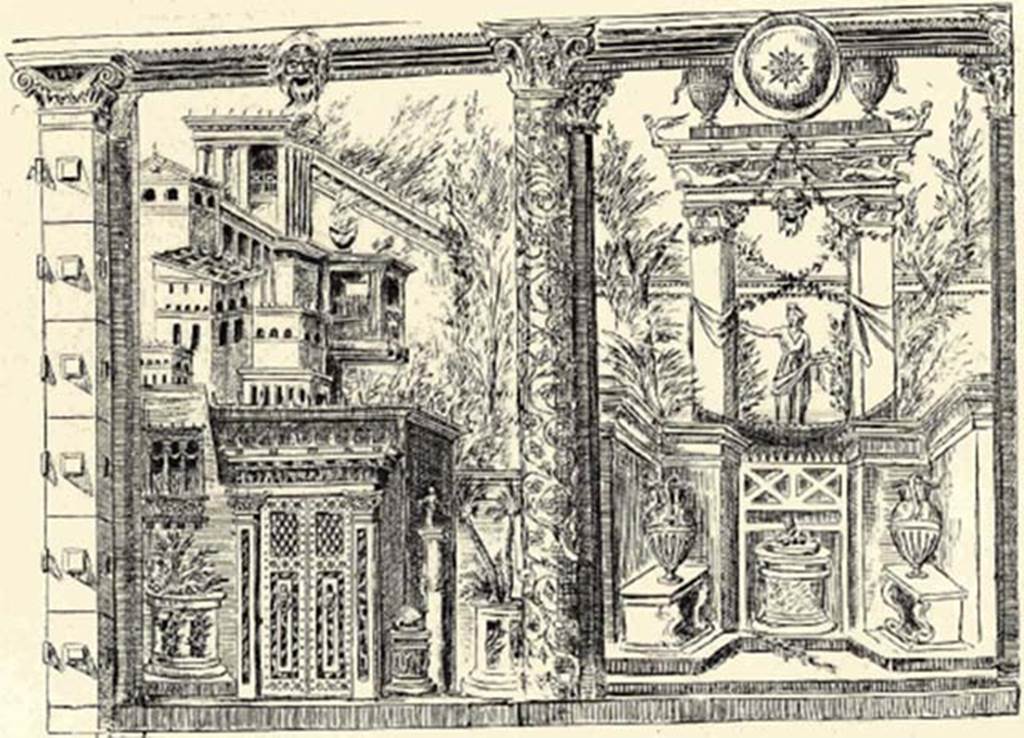 Villa of P Fannius Synistor at Boscoreale. 1903 drawing of west wall of room M, cubiculum.
According to Sambon this measured 3.83m by 2.45m.
See Sambon A, 1903. Les Fresques de Boscoreale. Paris and Naples: Canessa. 42, p. 23.
