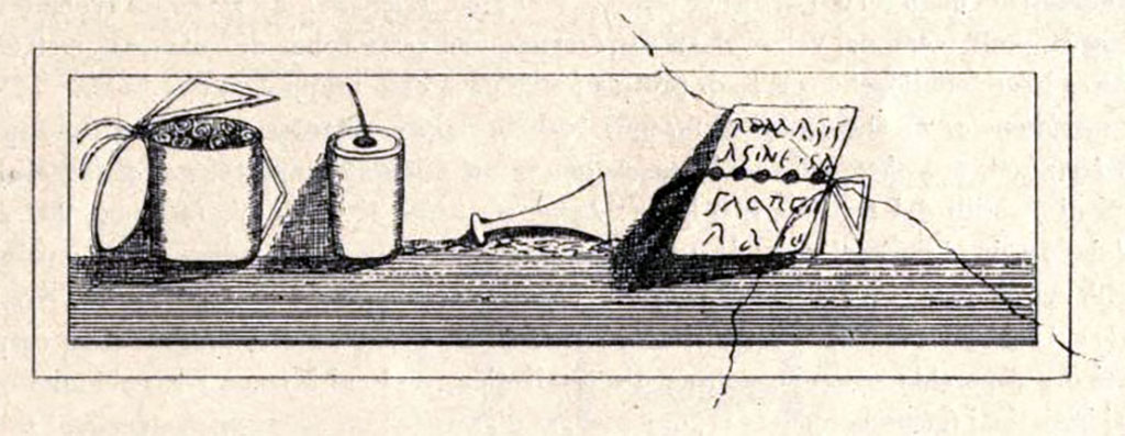 Boscoreale. Villa of Numerius Popidius Florus. Cubiculum 21, south wall. Painting representing, on deep red background, a scrinium (case for papers), a theca calamaria (sheath with writing reed), a rallum (scraper) and an open diptychum (two leaf tablet), where above five seals of witnesses, it reads: 
Roma sis asine si... [CIL IV, 6696].
See Notizie degli Scavi di Antichità, 1921, p. 459, fig. 20A.

