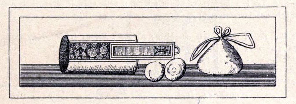Boscoreale. Villa of Numerius Popidius Florus. Cubiculum 21, south wall. Painting in which on the dark red background, we see an ivory arcula (box for valuables) with elliptical body and looped cover laid on a surface, adorned with golden inlays, in which inside are kept guarded indistinct objects (gems, coins?); also two silver coins; a narrow necked purse tied with a ribbon.
See Notizie degli Scavi di Antichità, 1921, p. 459, fig. 20B.

