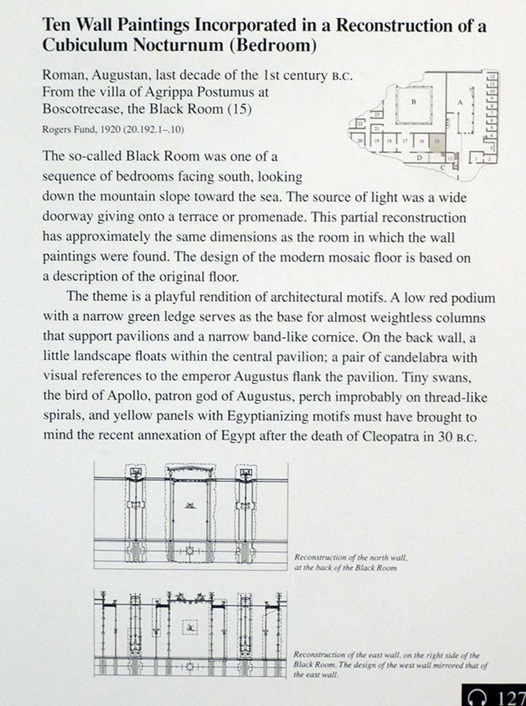 Villa of Agrippa Postumus, Boscotrecase. December 2010. 
Information card, photograph taken at Metropolitan Museum New York. 
Photo courtesy of Buzz Ferebee. 
