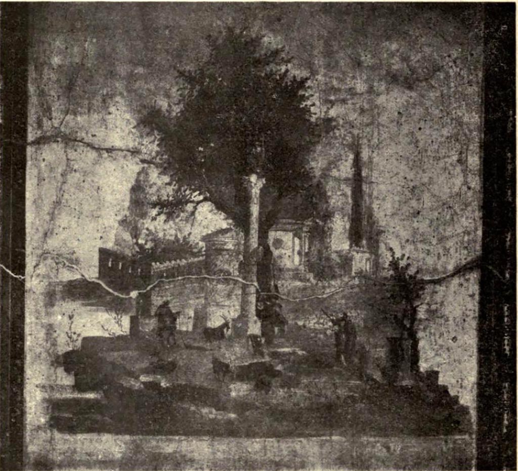 Villa of Agrippa Postumus. Boscotrecase. 1922. Room 16, landscape on north wall.
See Notizie degli Scavi di Antichità, 1922, p. 472 fig.12.
