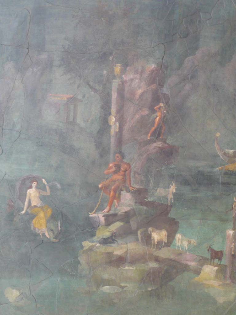 Villa of Agrippa Postumus, Boscotrecase. December 2010. Room 19, wall painting of Polythemus and Galatea.
Photograph taken at Metropolitan Museum New York. Photo courtesy of Buzz Ferebee. 
