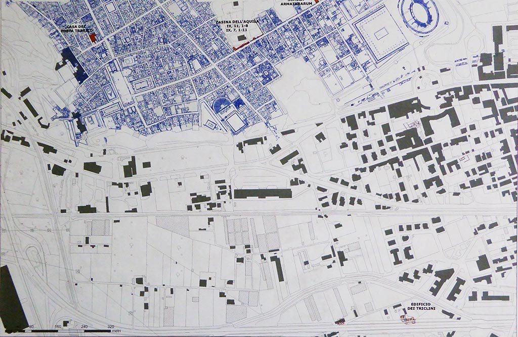 Complesso dei triclini in località Moregine a Pompei. September 2016. Location plan on display in Boscoreale Antiquarium.
The EDIFICIO DEI TRICLINI, circa 600m south of the Stabian Gate, is at the bottom right between the autostrada and its slip road.
Photo courtesy of Michael Binns.
