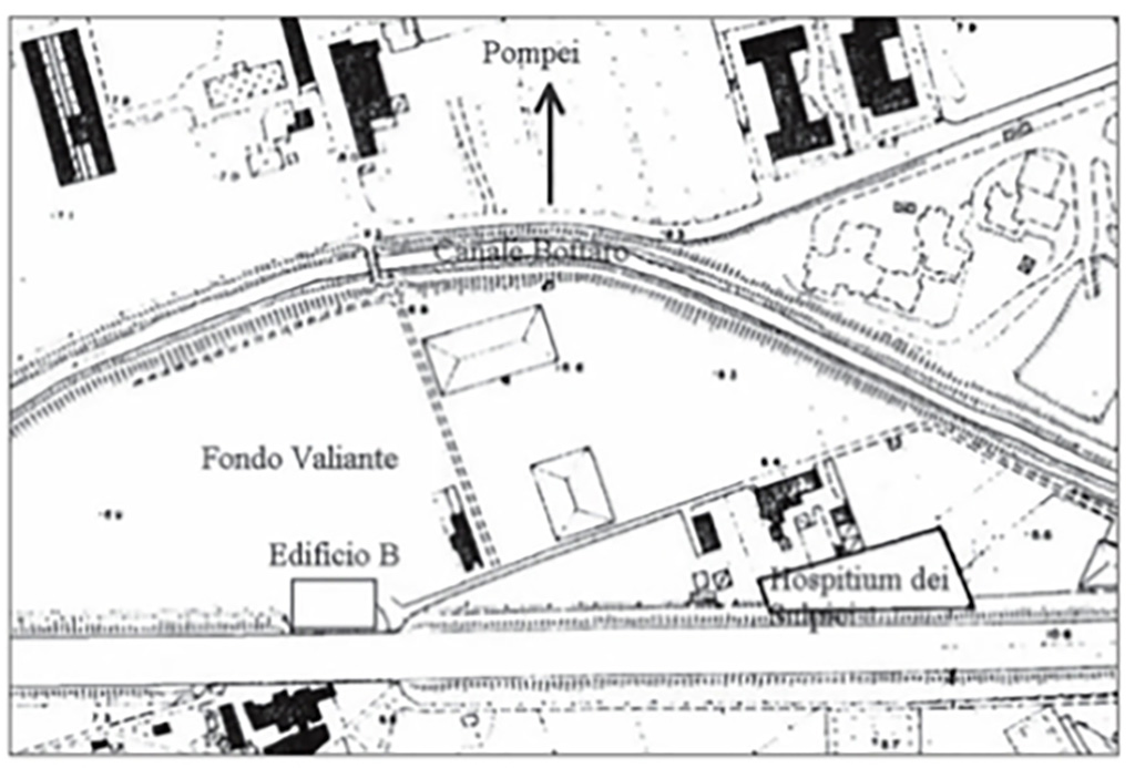 Pianta topografica della località Murecine. Hospitium dei Sulpici e Edificio B
See Nappo, S. C., 2012. L’edificio B di Murecine a Pompei. Un esempio di architettura ricettiva alla foce del Sarno in Rivista di Studi Pompeiani, Vol. XXIII, p.91 fig. 3.
