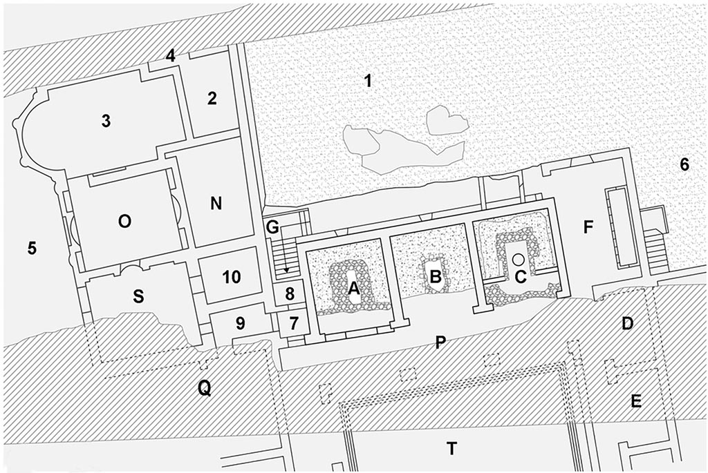 Complesso dei triclini in località Moregine a Pompei dopo gli scavi del 2000.
Plan of triclinium building in the località Murecine after 2000 excavations.
See Nappo, S. C., 2001. La decorazione parietale dell'hospitium dei Sulpici in località Murecine a Pompei MEFR Antiquité, tome 113, n°2. 2001, pp. 848 fig. 2.
