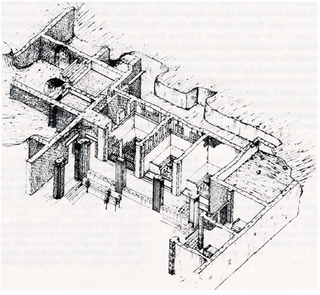 Complesso dei triclini in località Moregine a Pompei. Axonometric drawing of triclinium building in the località Murecine after 1959 excavations.
See Kockel V. Funde und Forschungen in den Vesuvstädten 1: Archäologischer Anzeiger, Heft 3. 1985, abb. 49.

