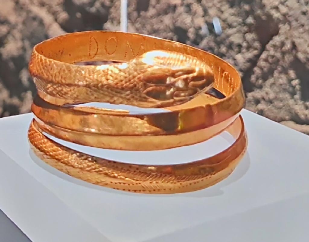 L’edificio B di Murecine a Pompei. March 2024. Unit D, room 8, gold and glass paste bracelet in the form of a snake. 
The bracelet has an inscription DOMINUS ANCILLAE SUAE (master to his slave girl. PAP inventory number 81580
Photo courtesy of Giuseppe Ciaramella.
On display in exhibition in the Palaestra entitled – “L’altra Pompei, vite comuni all’ombra del Vesuvio”.  

