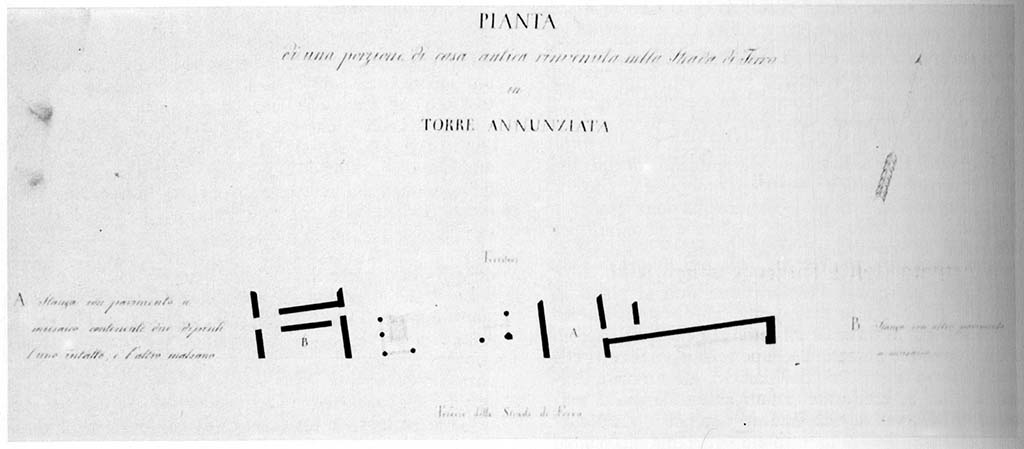 54. Torre Annunziata, Villa di C. Siculius or Siculus. Pianta di una porzione di casa antica rinvenuti nella Strada di Ferro in Torre Annunziata, firmata da G. Cirillo (1842).
Ora a Napoli, Museo di Capodimonte.
Plan of a portion of an ancient house found on the railway line in Torre Annunziata, signed by G. Cirillo (1842).
Now in Naples, Capodimonte Museum.
See Pagano, M., Torre Annunziata. Planimetrie borboniche della villa A e di quella di C. Siculius. Rivista di Studi Pompeiani V, 1991-2, p. 219-221.
