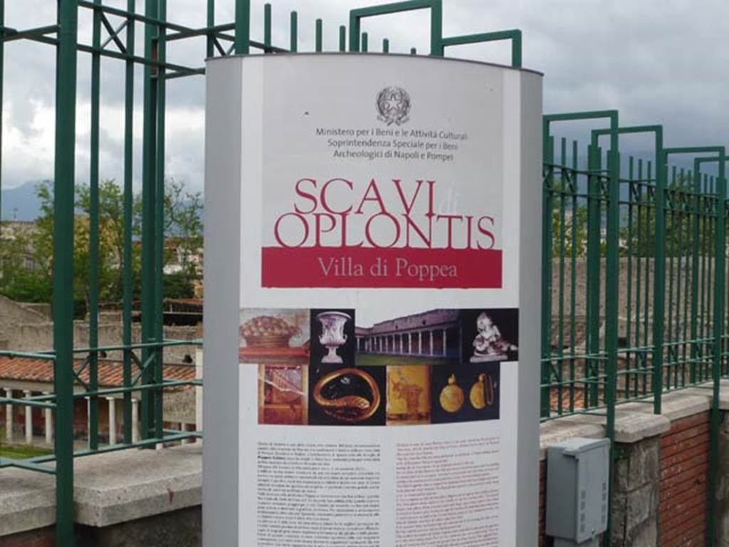 Oplontis Villa of Poppea, May 2010. PAP description notice-board by the entrance gate to the site. The ticket office is at the road level just inside the entrance gate and the villa is at a lower level.
Photo courtesy of Buzz Ferebee.
