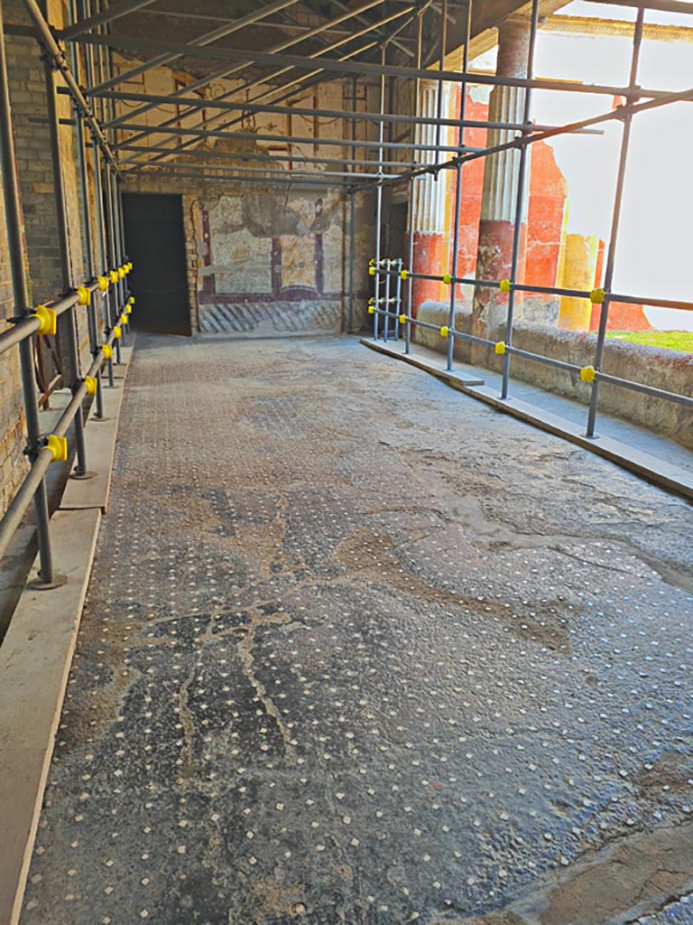 Oplontis Villa of Poppea, October 2023. 
Room 4, looking across flooring towards west wall. Photo courtesy of Giuseppe Ciaramella. 

