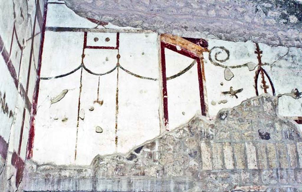 Oplontis, Villa of Poppea, October 2001. Room 4, detail of painted decoration on upper west wall in north-west corner. Photo courtesy of Peter Woods
