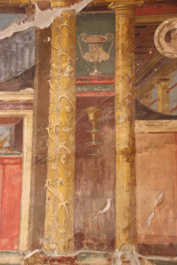 Oplontis Villa of Poppea, September 2021.  
Room 14, detail of painted decoration from right side of central panel of west wall of triclinium. 
Photo courtesy of Klaus Heese.
