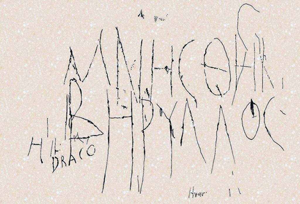 Oplontis, Corridor 52, west wall. Drawing of Graffito MNHΣΘHI BHPYΛΛOΣ (remember Beryllos) and graffito DRACO. 
Photo courtesy of Aniello Langella.
See BERILLO DI OPLONTI di Aniello Langella, Vincenzo Marasco, Armando Polito sul vesuvioweb.com
