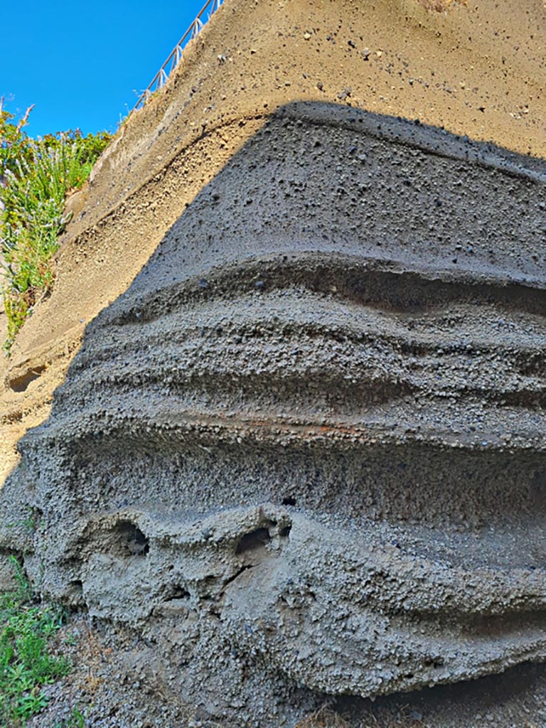 Oplontis Villa of Poppea, October 2023. 
North garden 56, detail of the volcanic surge layers. Photo courtesy of Giuseppe Ciaramella. 
