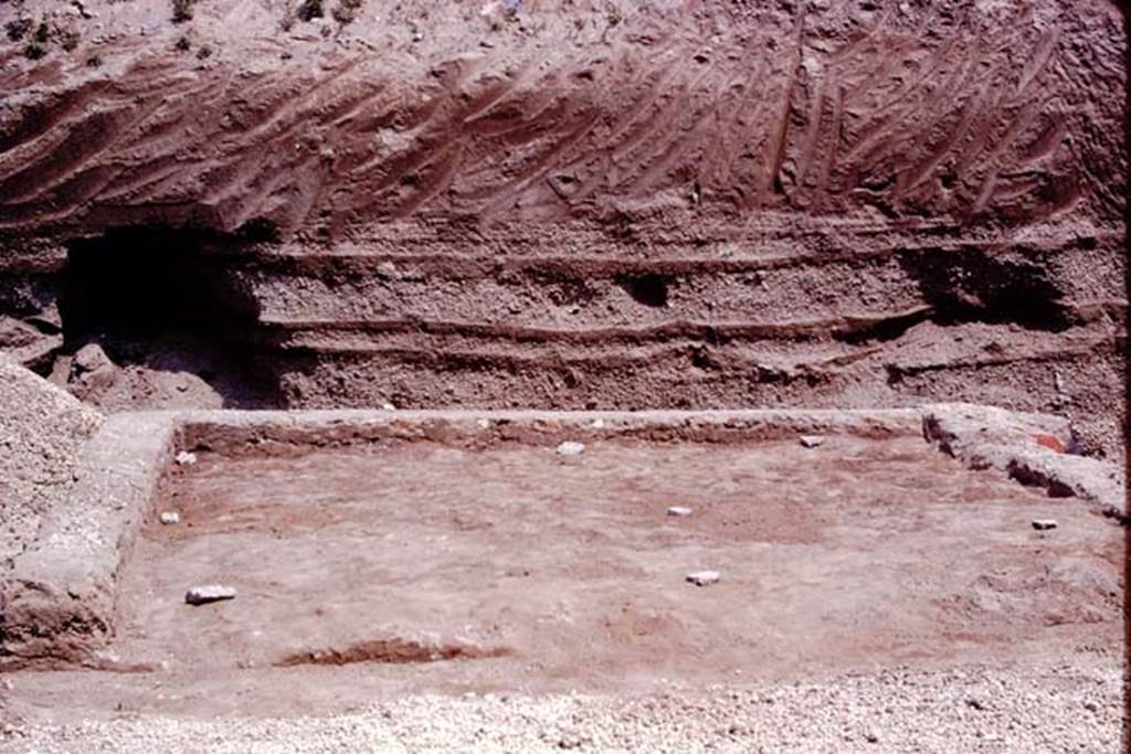 Oplontis, 1974. Room 58, looking east towards the still unexcavated area, which would prove to be the eastern end of the north garden. According to Wilhelmina, this small area had been turned into a garden by filling the foundations of a room with soil.  Eight root-cavities, planted in three rows, were found in this garden in 1974, each root cavity was protected by a stone as can be seen in the above photo.
Photo by Stanley A. Jashemski.   
Source: The Wilhelmina and Stanley A. Jashemski archive in the University of Maryland Library, Special Collections (See collection page) and made available under the Creative Commons Attribution-Non Commercial License v.4. See Licence and use details. J74f0639
