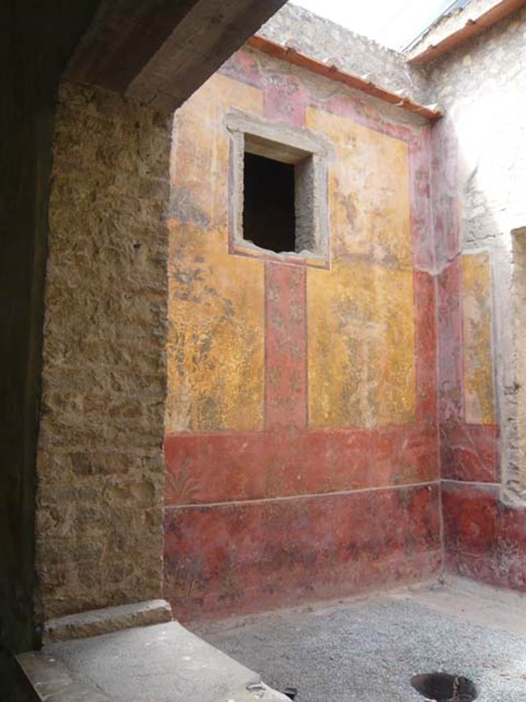 Oplontis, May 2011. Room 68, looking north along painted west wall, through window from room 65. Photo courtesy of Buzz Ferebee.
