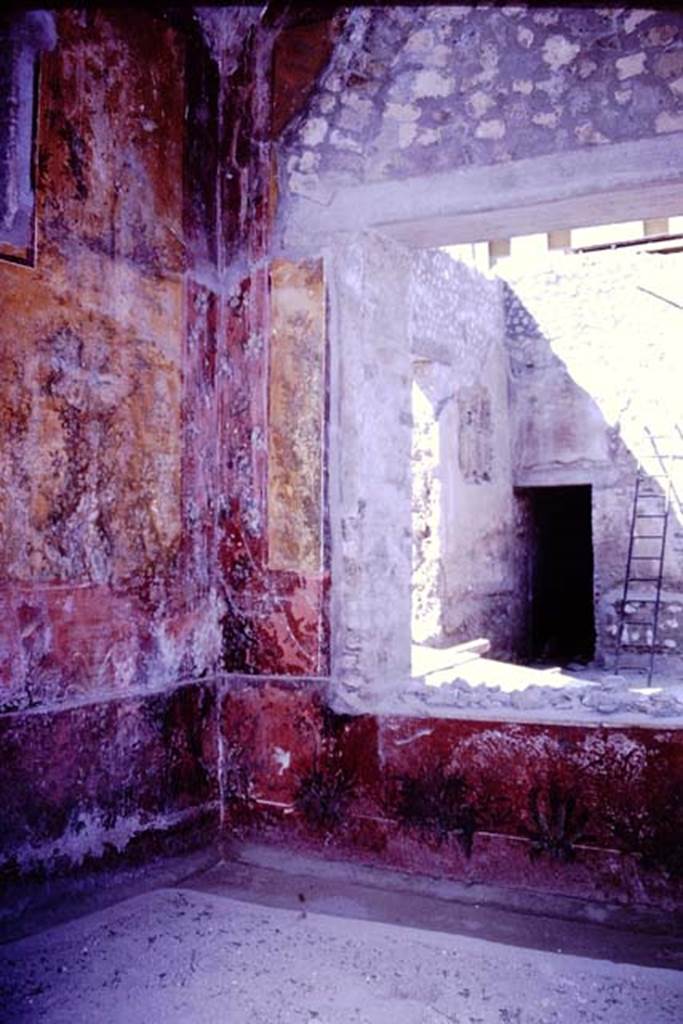 Oplontis, 1977. Room 68, north-west corner and north wall with window into room 69. Looking across room 69, to doorway of room 71. Photo by Stanley A. Jashemski.   
Source: The Wilhelmina and Stanley A. Jashemski archive in the University of Maryland Library, Special Collections (See collection page) and made available under the Creative Commons Attribution-Non Commercial License v.4. See Licence and use details. J77f0371
