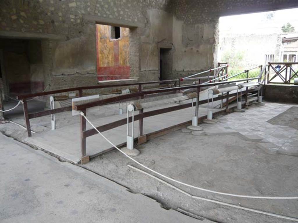 Oplontis, May 2010. Room 69, looking south-west from west portico towards window into room 68 (centre), and through doorway into the north garden. Photo courtesy of Buzz Ferebee.
