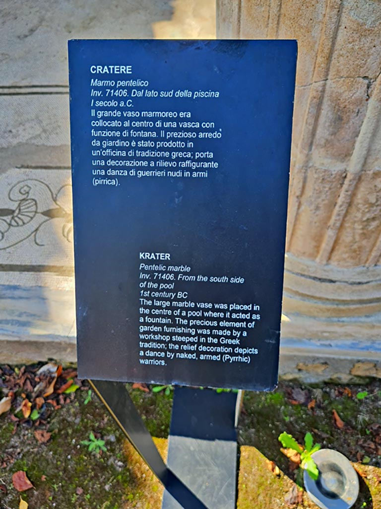 Oplontis Villa of Poppea, October 2023. 
Terrace 92, description card for large vase (Cratere). Photo courtesy of Giuseppe Ciaramella. 

