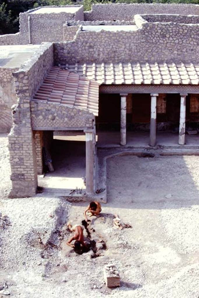 Oplontis, 1974. Excavating in the north garden, looking south to Portico 34 (13). 
Photo by Stanley A. Jashemski.   
Source: The Wilhelmina and Stanley A. Jashemski archive in the University of Maryland Library, Special Collections (See collection page) and made available under the Creative Commons Attribution-Non Commercial License v.4. See Licence and use details. J74f0612
