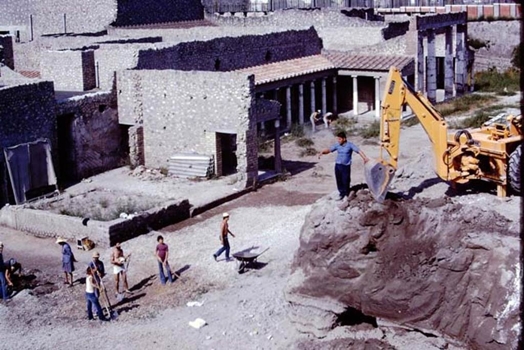 Oplontis, 1975. Looking south-west across the north garden, whilst an area was being dug-out. Photo by Stanley A. Jashemski.   
Source: The Wilhelmina and Stanley A. Jashemski archive in the University of Maryland Library, Special Collections (See collection page) and made available under the Creative Commons Attribution-Non Commercial License v.4. See Licence and use details. J75f0020
