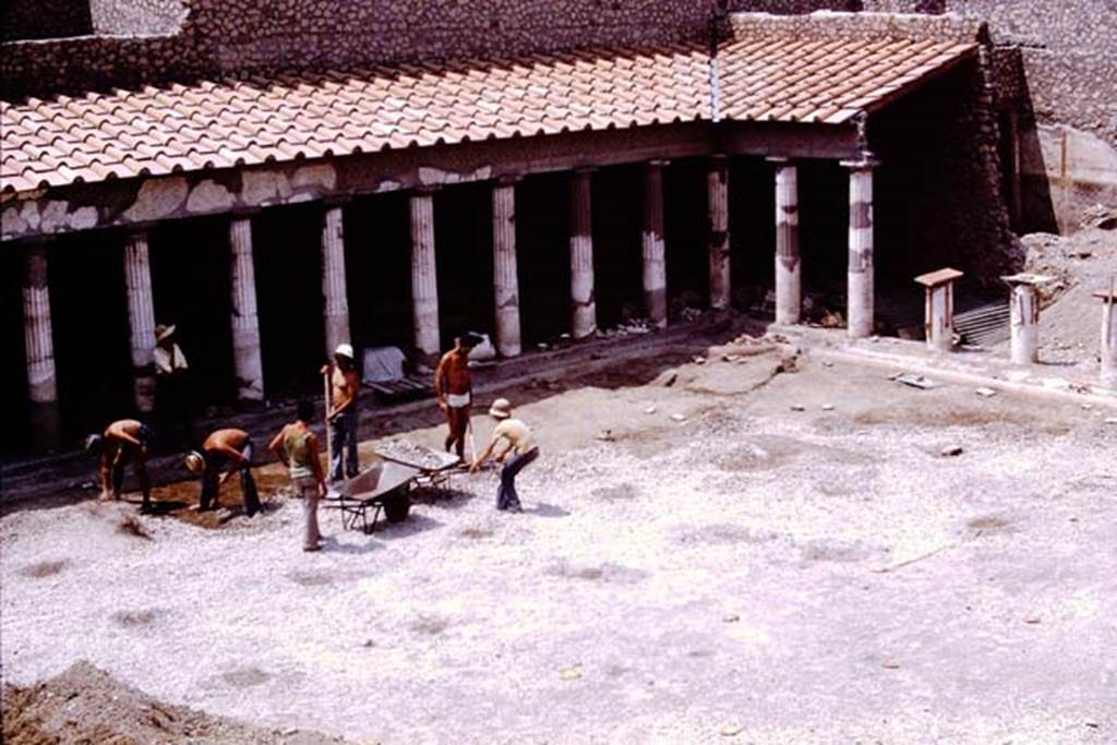 Oplontis, 1975. Looking towards north-west corner of area 59, the south-east peristyle. Photo by Stanley A. Jashemski.   
Source: The Wilhelmina and Stanley A. Jashemski archive in the University of Maryland Library, Special Collections (See collection page) and made available under the Creative Commons Attribution-Non Commercial License v.4. See Licence and use details. J75f0120
