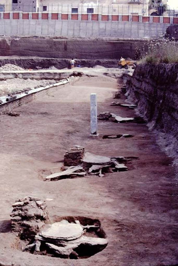 Oplontis, c.1983 or 1984. Statue bases 1-8, and their filled root-cavities. Looking north.
Source: The Wilhelmina and Stanley A. Jashemski archive in the University of Maryland Library, Special Collections (See collection page) and made available under the Creative Commons Attribution-Non Commercial License v.4. See Licence and use details. Oplo0207

