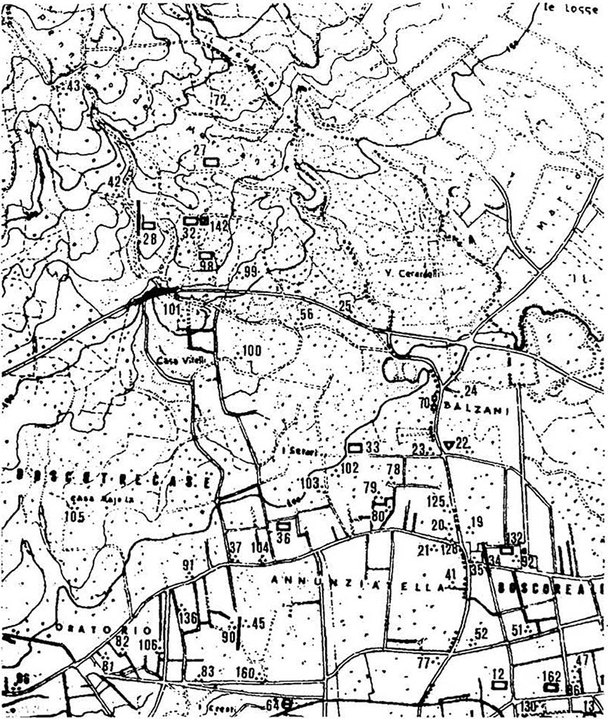 Boscotrecase, Villa on fondo Bergamasco at Casavitelli. The villa is number 98 on this plan.
See Casale A., Bianco A., Primo contributo alla topografia del suburbio pompeiano: Supplemento al n. 15 di ANTIQUA ottobre-dicembre 1979, 98, p. 45 and plan at rear of book.
See Casale, A., 1982 Fonti documentarie per la storia degli Scavi di Boscotrecase nel 1700 in Sylva Mala III, 1982, p. 10-12.
