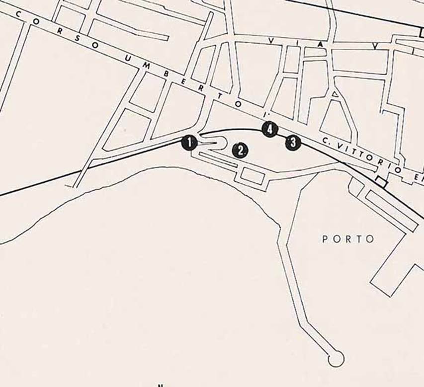 Terme di Marco Crasso Frugi. Torre Annunziata, Location plan.
1: The Baths of Marco Crasso Frugi.
2: Villa 89.
3: The Villa of C. Siculus.
4: Remains uncovered in 1940 and reburied without further investigation (Casale Bianco 141).
