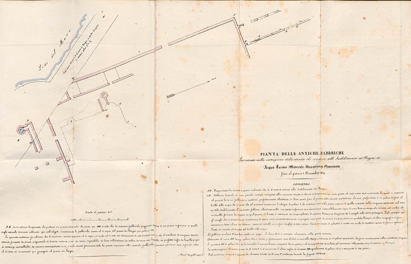 Terme di Marco Crasso Frugi. Torre Annunziata. Plan by Raffaele Liberatore dated 1 Dicembre 1834. 
Pianta delle Antiche Fabbriche incontrati nella costruzione della strada che conduce allo Stabilimento dei Bagni di Acqua Termo-Minerale-Vesuviana-Nunzianti.
See Liberatore, R., 1835. Delle nuove ed antiche terme di Torre Annunciata: articolo inserito nel fascicolo XII degli Annali Civili. Napoli: [s. n.], ETH-Bibliothek Zrich, Rar 6090, http://doi.org/10.3931/e-rara-23398     CC Public Domain Mark 1 
For larger size copy of plan (1.4Mb)  press here
