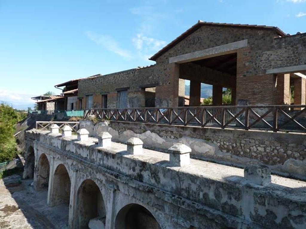 Stabiae, Villa Arianna, September 2015. Looking south-east across terrace B to the loggia 54 with fine views from the rooms.