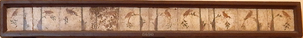 Stabiae, Villa Arianna, found 10th May 1760. Room 12, painting with birds. Photo courtesy of Buzz Ferebee.
Now in Naples Archaeological Museum. Inventory number 8690.
See Sampaolo V. and Bragantini I., Eds, 2009. La Pittura Pompeiana. Electa: Verona, p. 471.
See Pagano, M. and Prisciandaro, R., 2006. Studio sulle provenienze degli oggetti rinvenuti negli scavi borbonici del regno di Napoli. Naples: Nicola Longobardi, p. 246. 
