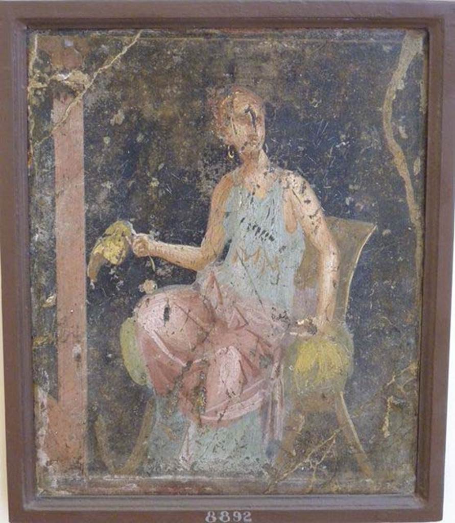 Stabiae, Villa Arianna, found in the zoccolo on 29th March 1760. Room 5, seated woman, holding a fan-shaped leaf, a typical flabellum (fan).
Now in Naples Archaeological Museum. Inventory number 8892.
See Sampaolo V. and Bragantini I., Eds, 2009. La Pittura Pompeiana. Electa: Verona, p. 465.
See Pagano, M. and Prisciandaro, R., 2006. Studio sulle provenienze degli oggetti rinvenuti negli scavi borbonici del regno di Napoli.  Naples: Nicola Longobardi, p. 245.
