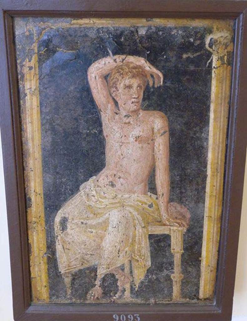 Stabiae, Villa Arianna, found 15th March 1760. Room 7, painting of a seated youth with his hand on his head.
Now in Naples Archaeological Museum. Inventory number 9093.
See Sampaolo V. and Bragantini I., Eds, 2009. La Pittura Pompeiana. Electa: Verona, p. 457.
See Pagano, M. and Prisciandaro, R., 2006. Studio sulle provenienze degli oggetti rinvenuti negli scavi borbonici del regno di Napoli.  Naples: Nicola Longobardi, p. 245.
